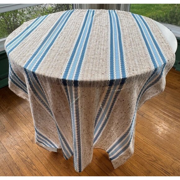Vintage 70s curtains, oatmeal, white, blue stripes, geometric pattern, as a pair - Picture 4 of 10